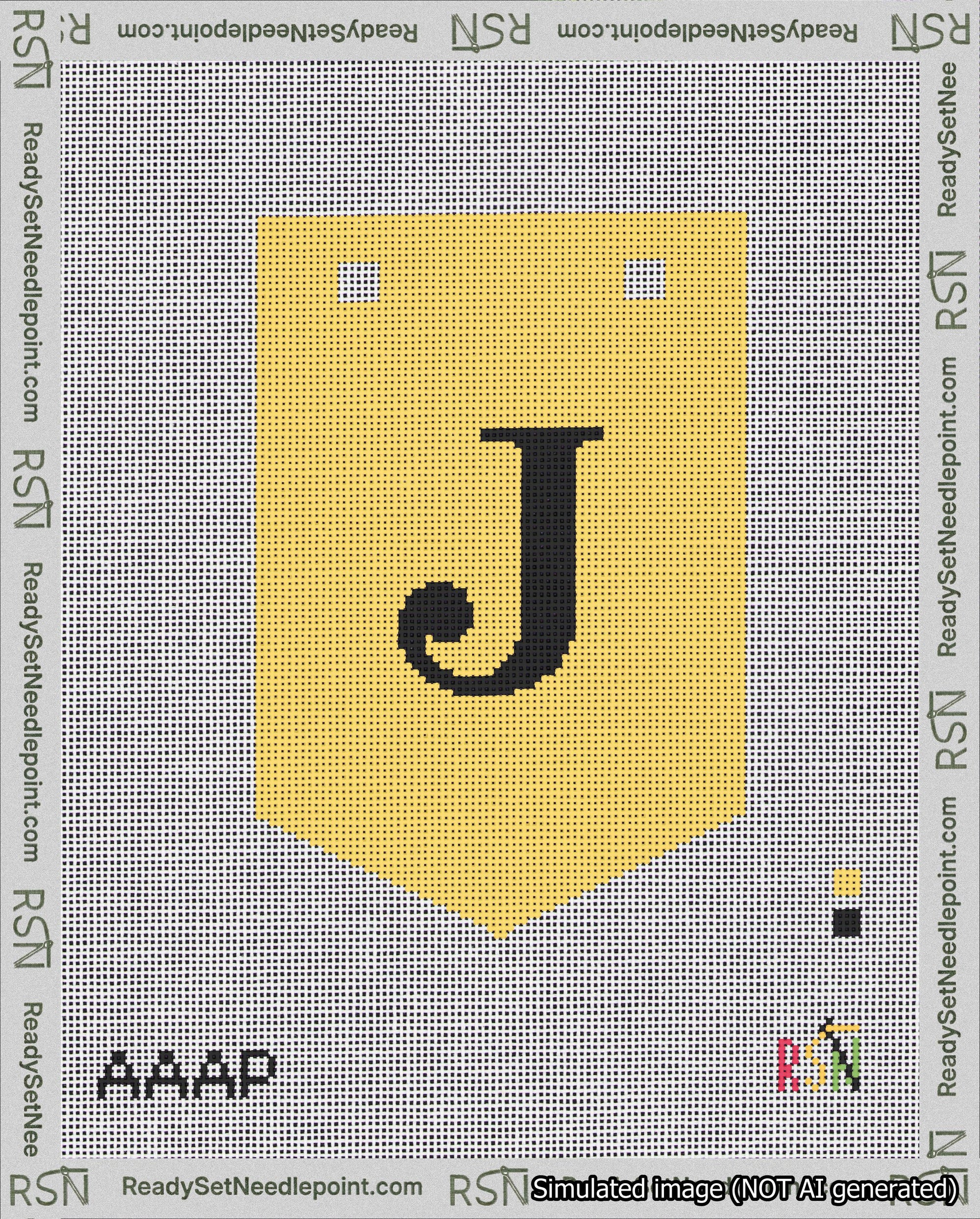 A taped needlepoint canvas with the design: Banner 18 mesh count Pointed J Black on Yellow.
