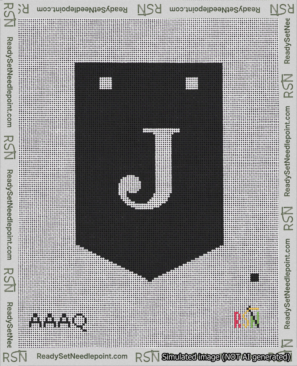 A taped needlepoint canvas with the design: Banner 18 mesh count Pointed J White on Black.
