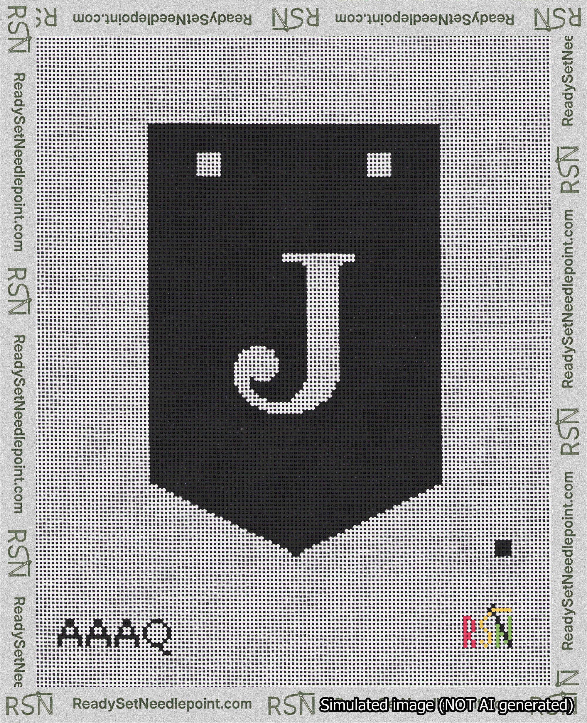 A taped needlepoint canvas with the design: Banner 18 mesh count Pointed J White on Black.