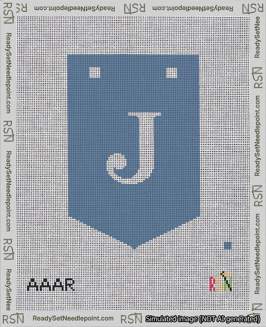 A taped needlepoint canvas with the design: Banner 18 mesh count Pointed J White on Blue.