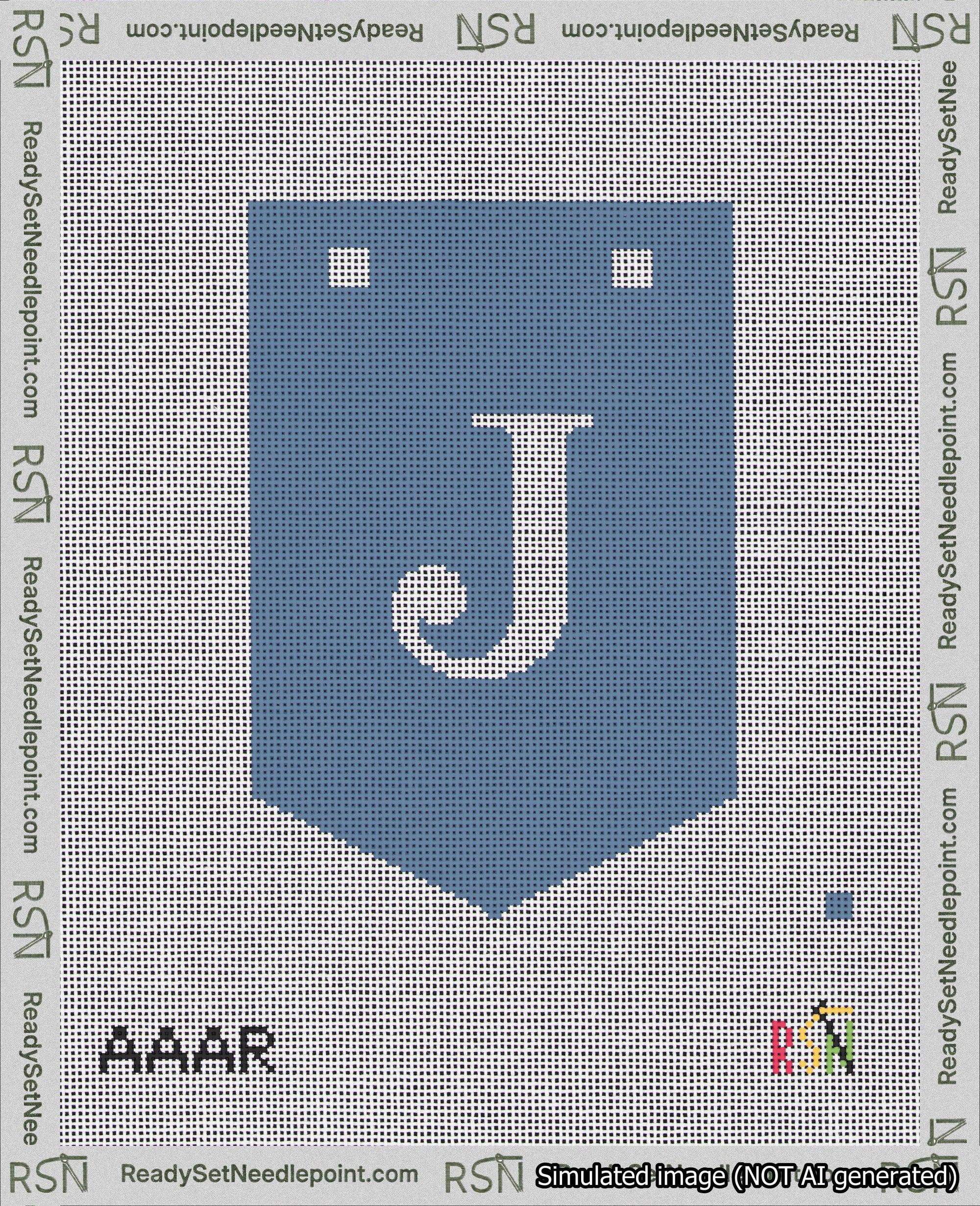 A taped needlepoint canvas with the design: Banner 18 mesh count Pointed J White on Blue.