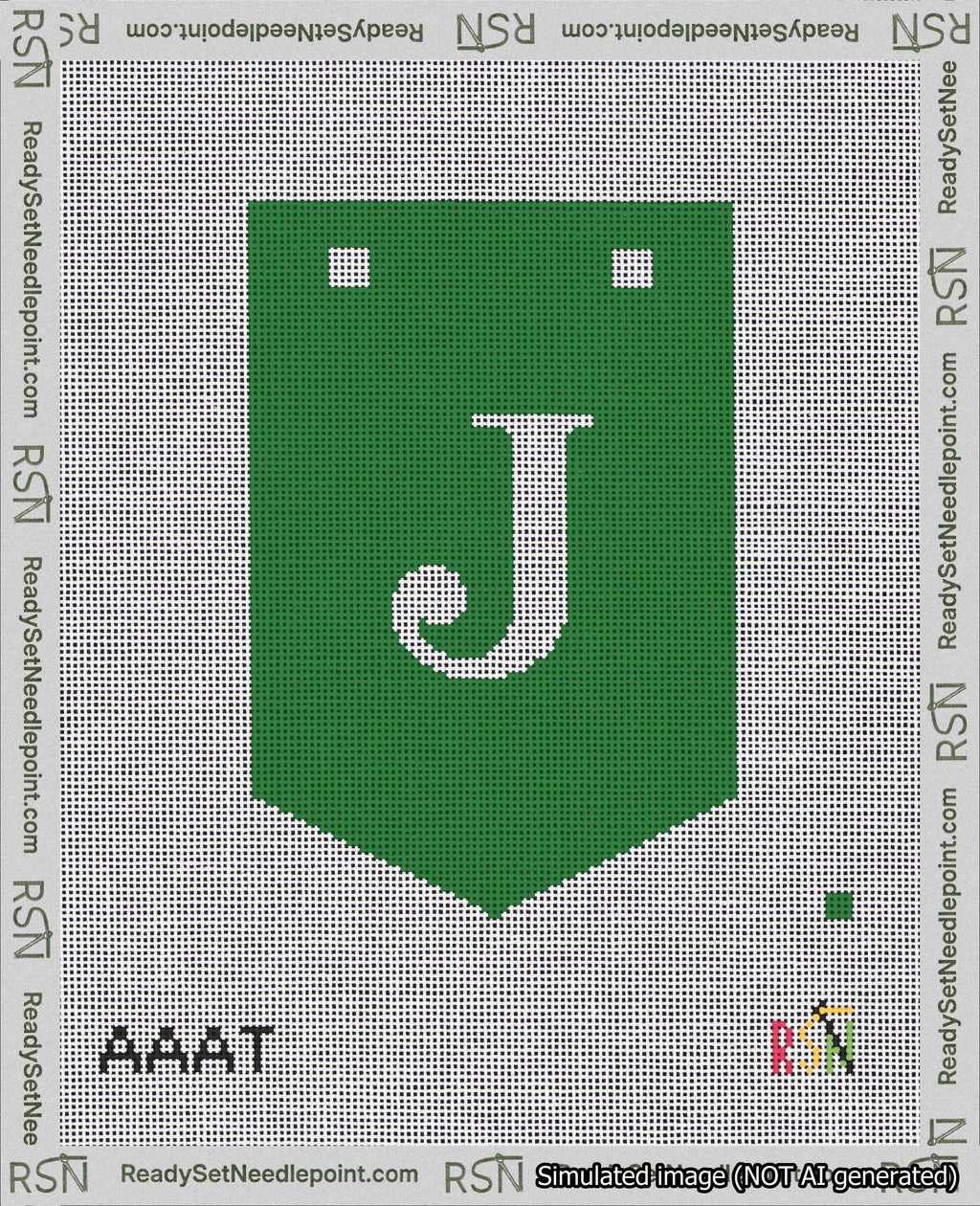 A taped needlepoint canvas with the design: Banner 18 mesh count Pointed J White on Green.