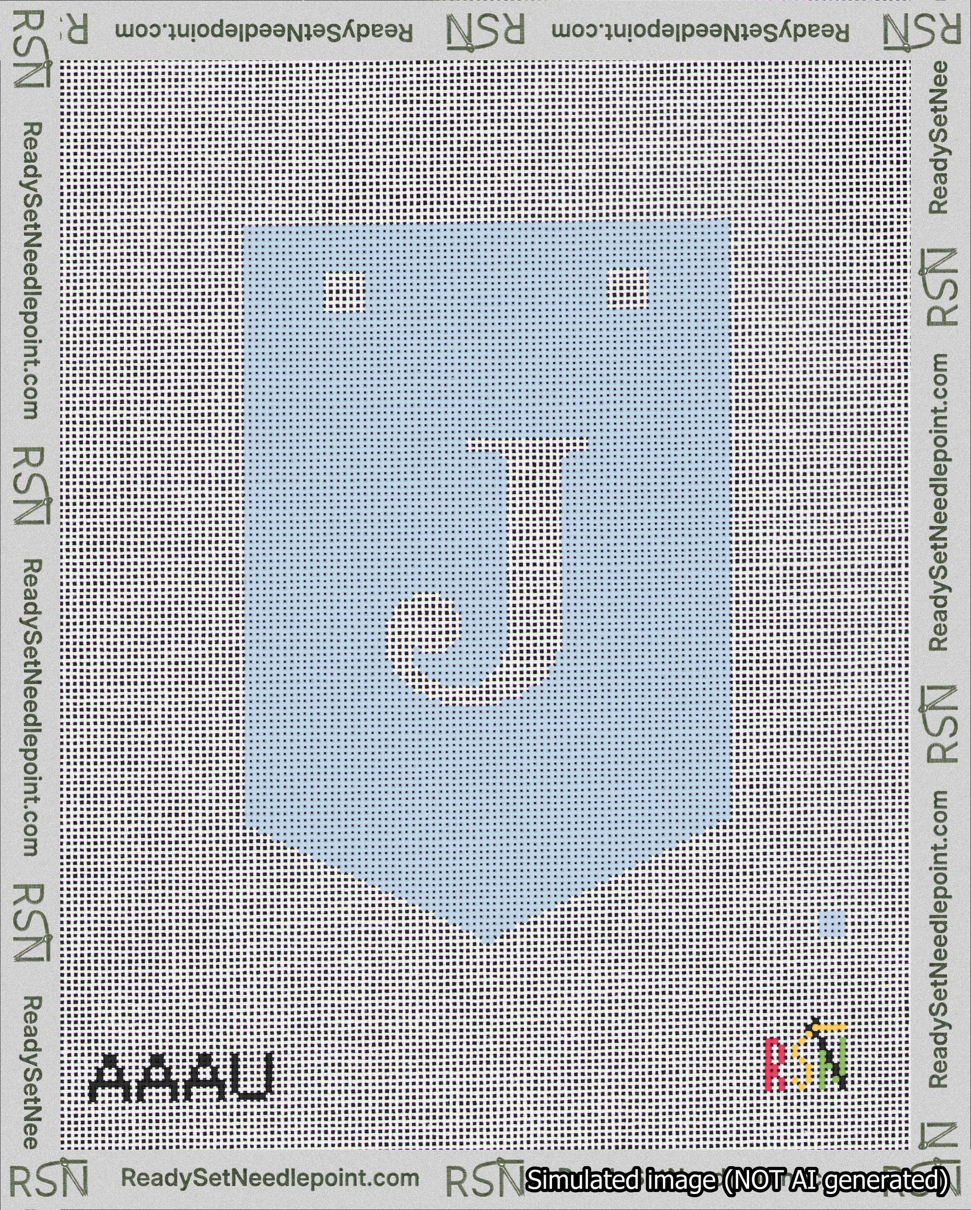 A taped needlepoint canvas with the design: Banner 18 mesh count Pointed J White on Light Blue.