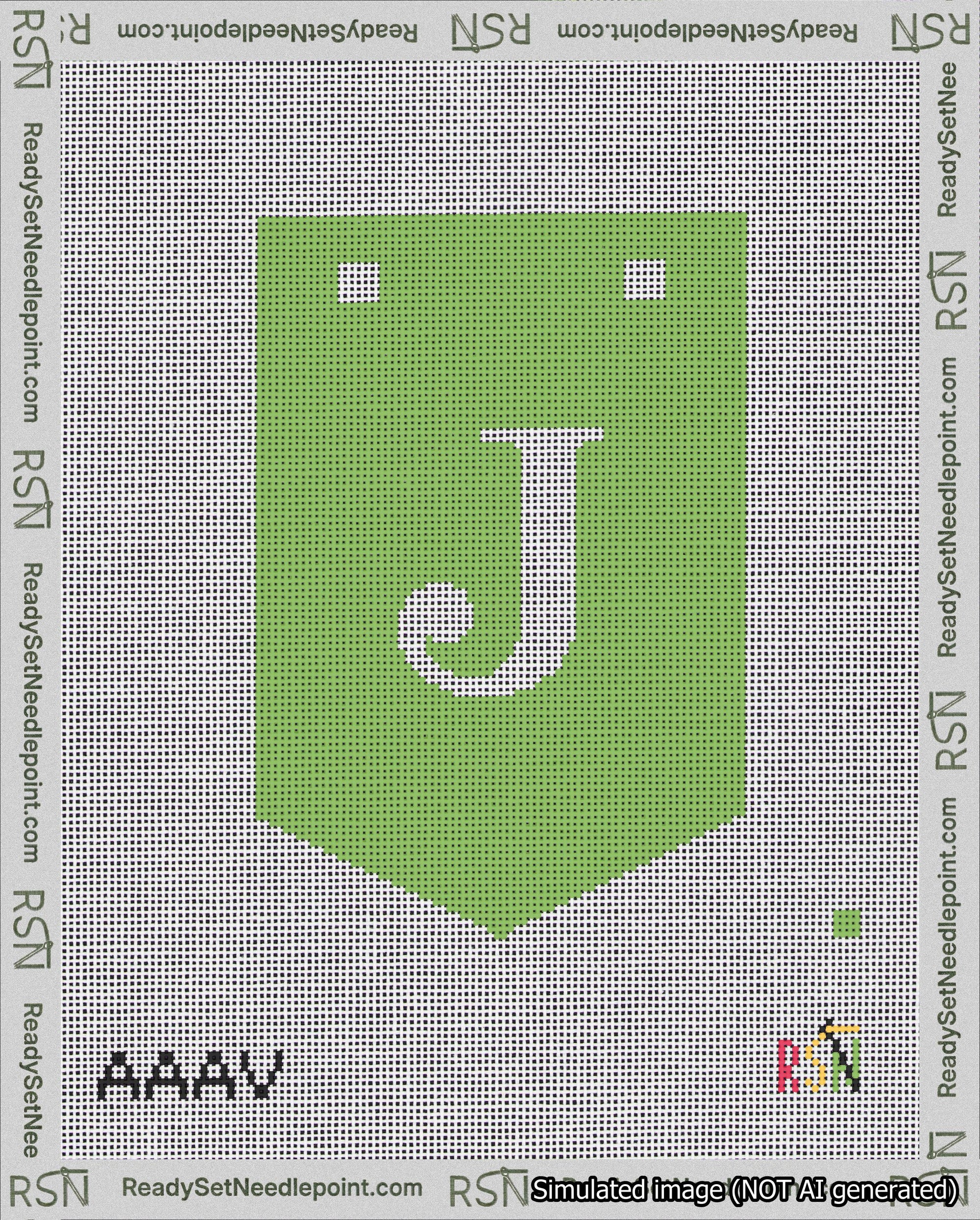 A taped needlepoint canvas with the design: Banner 18 mesh count Pointed J White on Light Green.