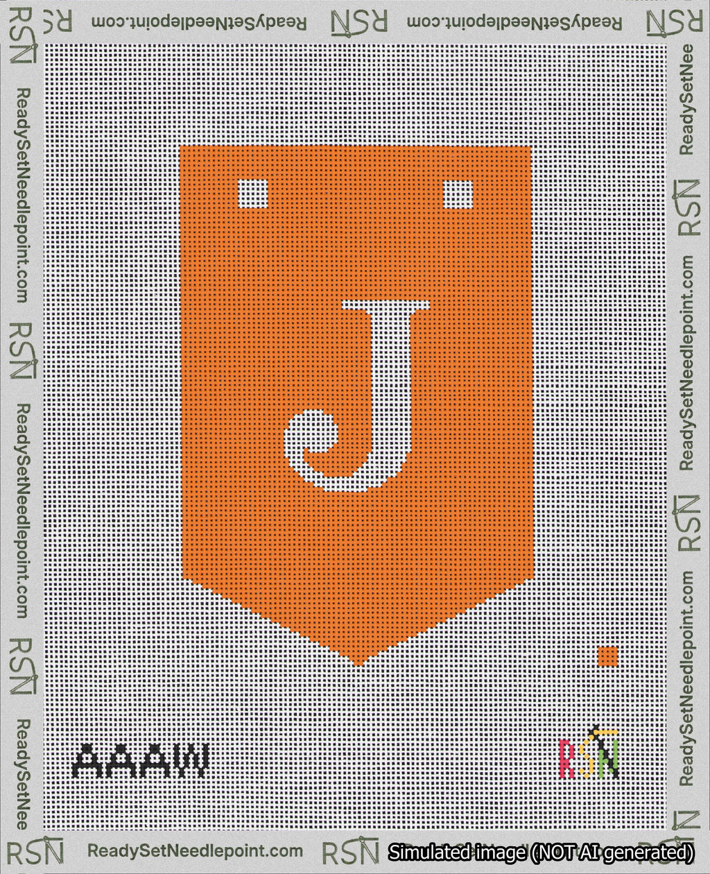 A taped needlepoint canvas with the design: Banner 18 mesh count Pointed J White on Orange.
