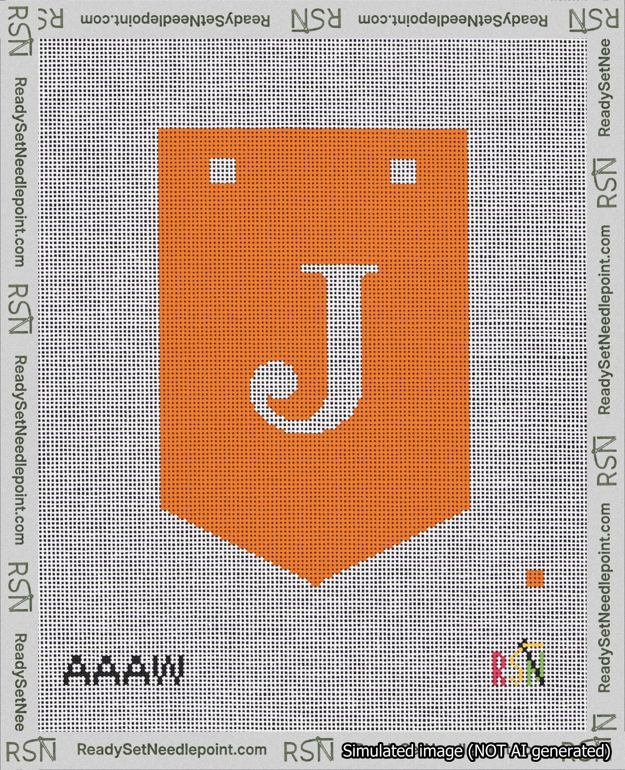 A taped needlepoint canvas with the design: Banner 18 mesh count Pointed J White on Orange.