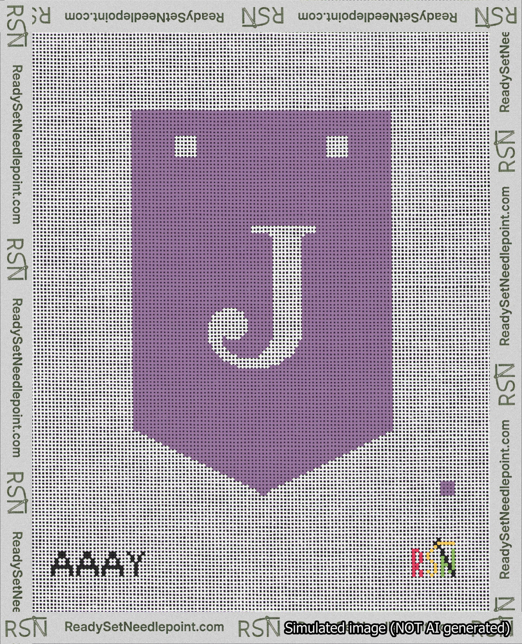 A taped needlepoint canvas with the design: Banner 18 mesh count Pointed J White on Purple.