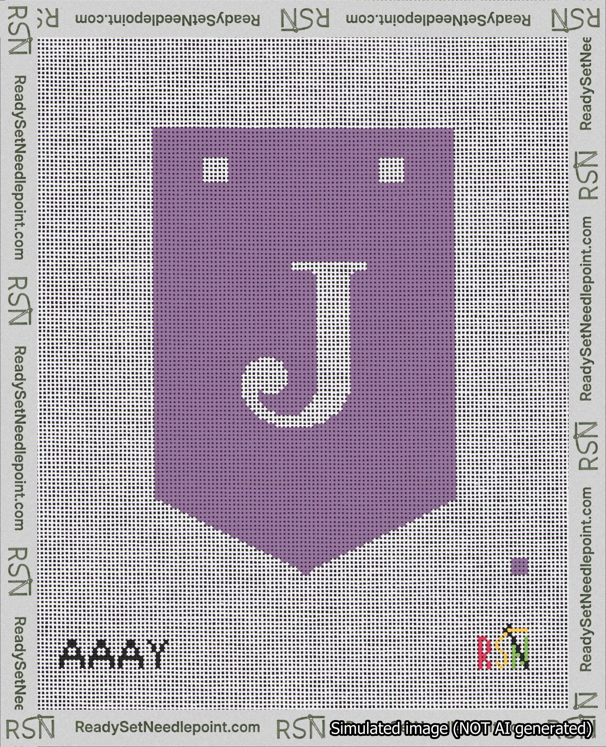 A taped needlepoint canvas with the design: Banner 18 mesh count Pointed J White on Purple.