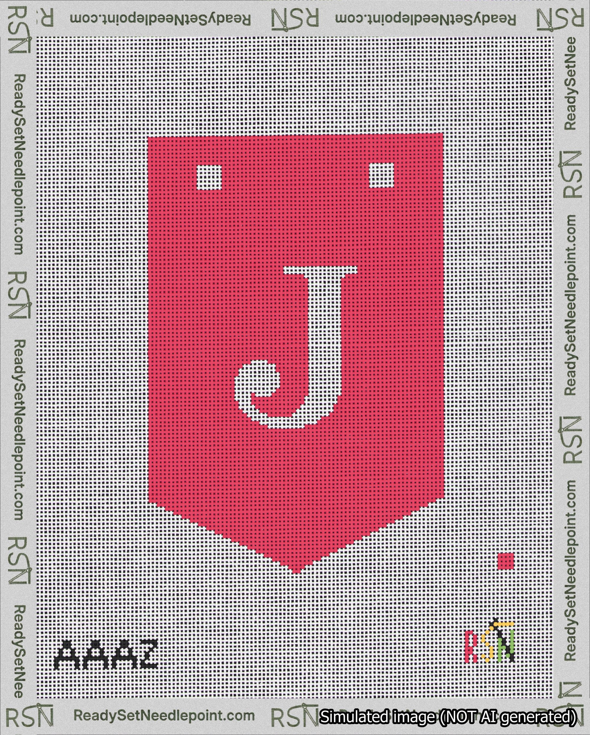 A taped needlepoint canvas with the design: Banner 18 mesh count Pointed J White on Red.
