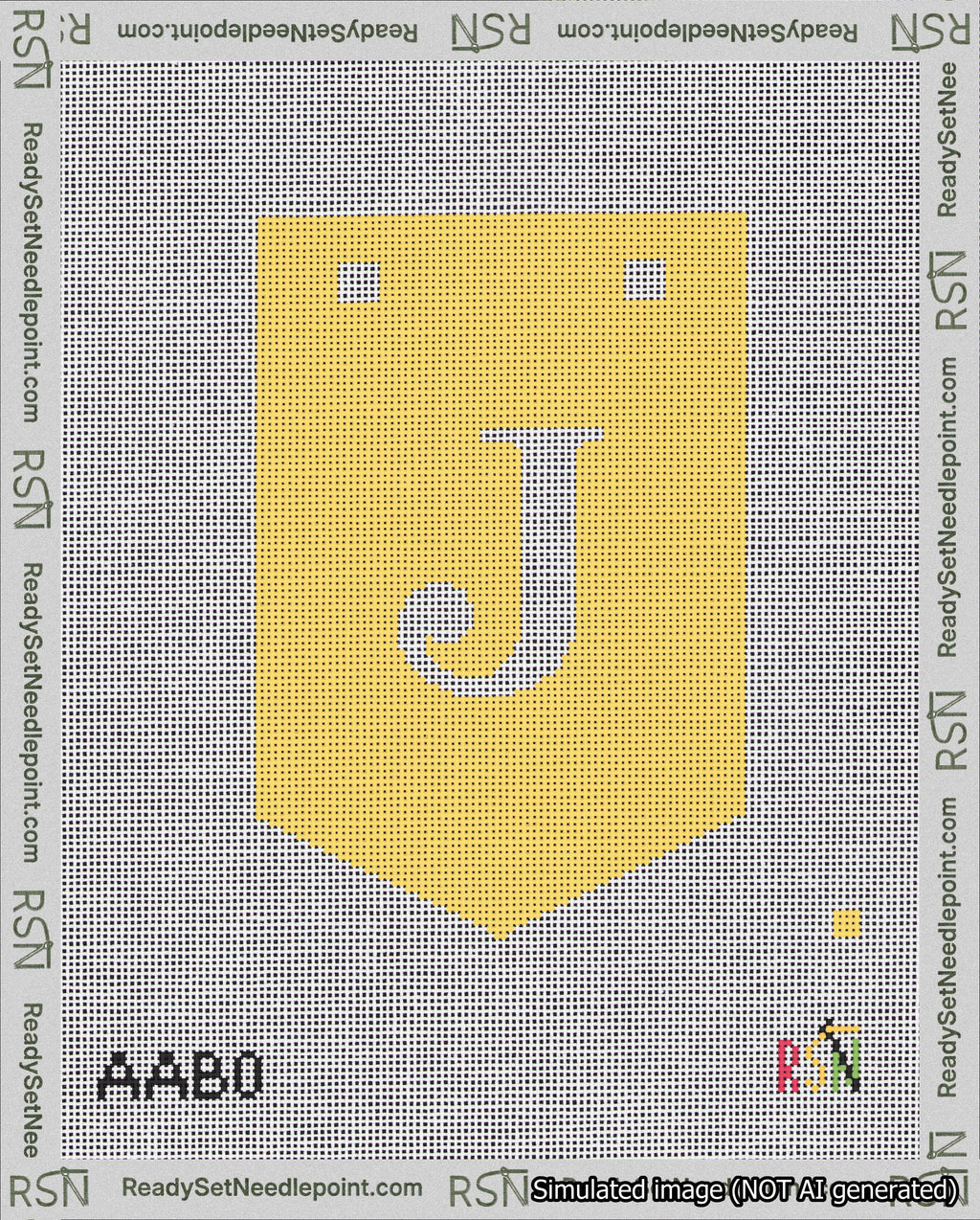A taped needlepoint canvas with the design: Banner 18 mesh count Pointed J White on Yellow.