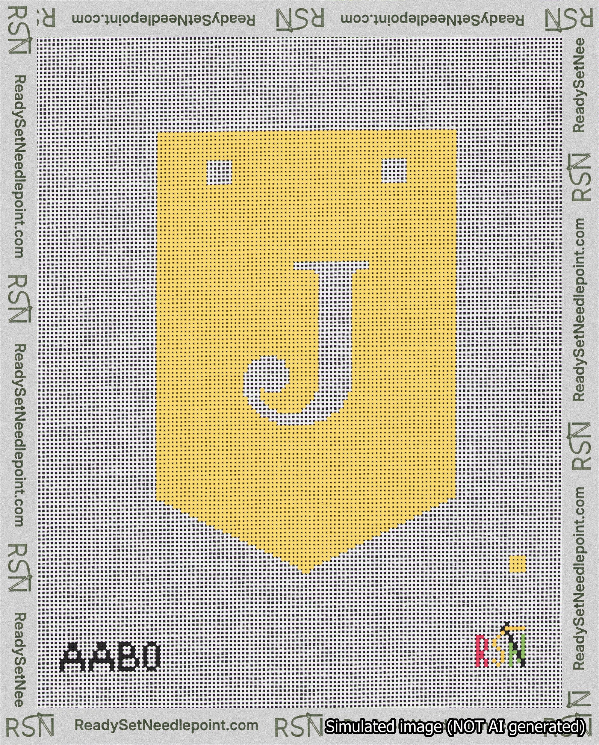 A taped needlepoint canvas with the design: Banner 18 mesh count Pointed J White on Yellow.