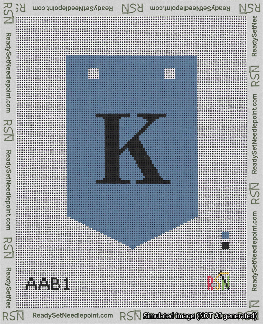 A taped needlepoint canvas with the design: Banner 18 mesh count Pointed K Black on Blue.