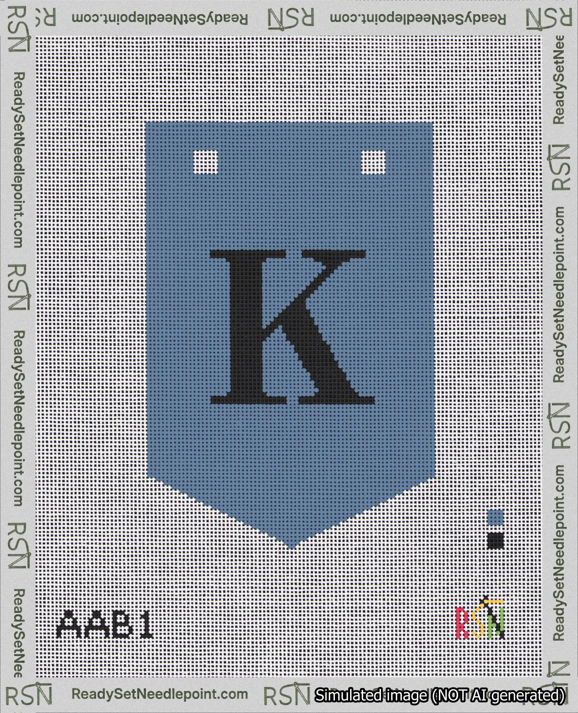 A taped needlepoint canvas with the design: Banner 18 mesh count Pointed K Black on Blue.