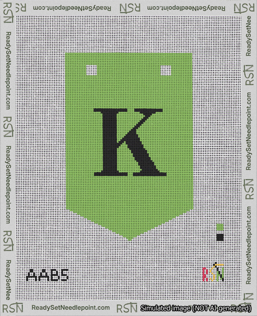 A taped needlepoint canvas with the design: Banner 18 mesh count Pointed K Black on Light Green.