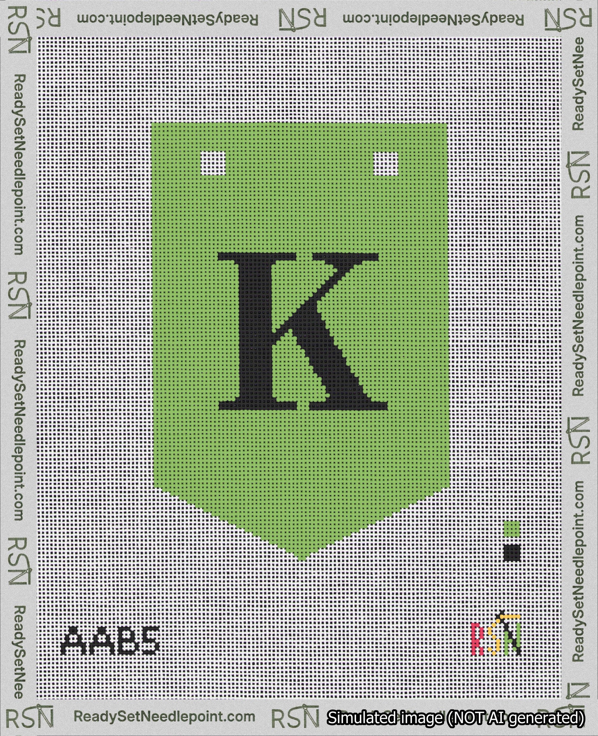 A taped needlepoint canvas with the design: Banner 18 mesh count Pointed K Black on Light Green.