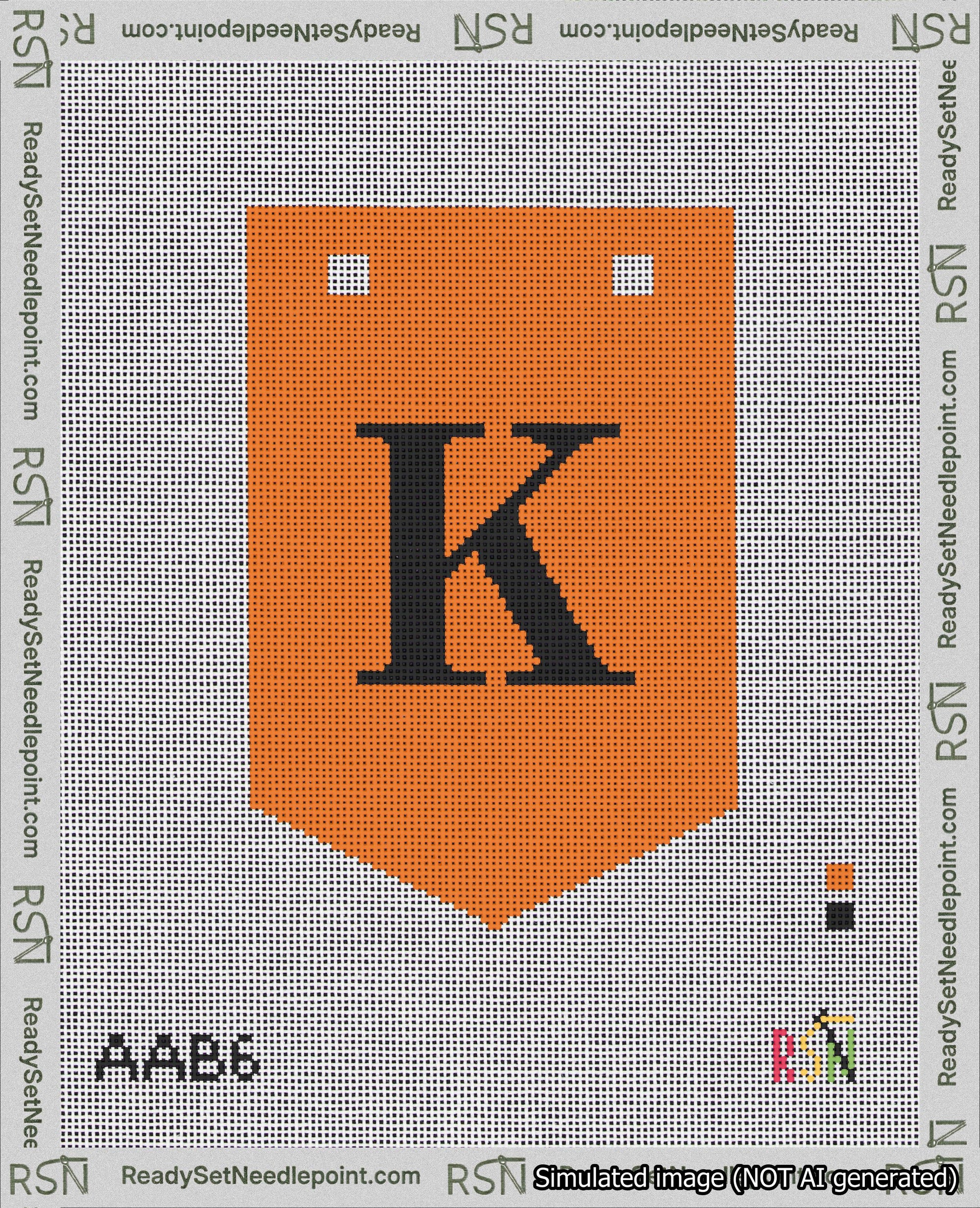 A taped needlepoint canvas with the design: Banner 18 mesh count Pointed K Black on Orange.
