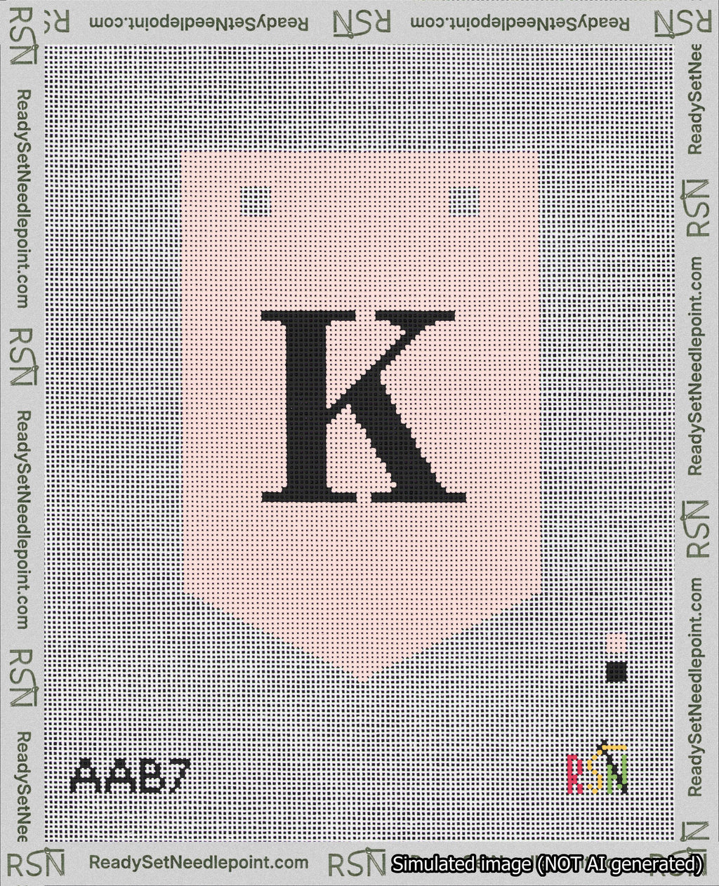 A taped needlepoint canvas with the design: Banner 18 mesh count Pointed K Black on Pink.