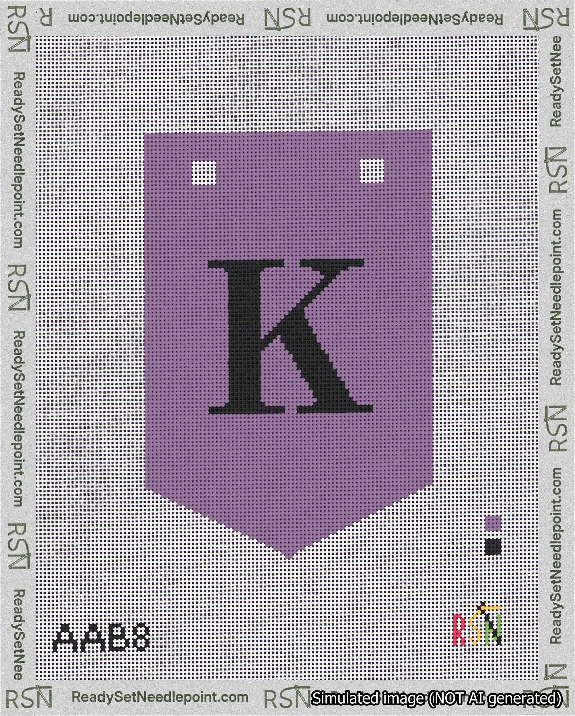 A taped needlepoint canvas with the design: Banner 18 mesh count Pointed K Black on Purple.