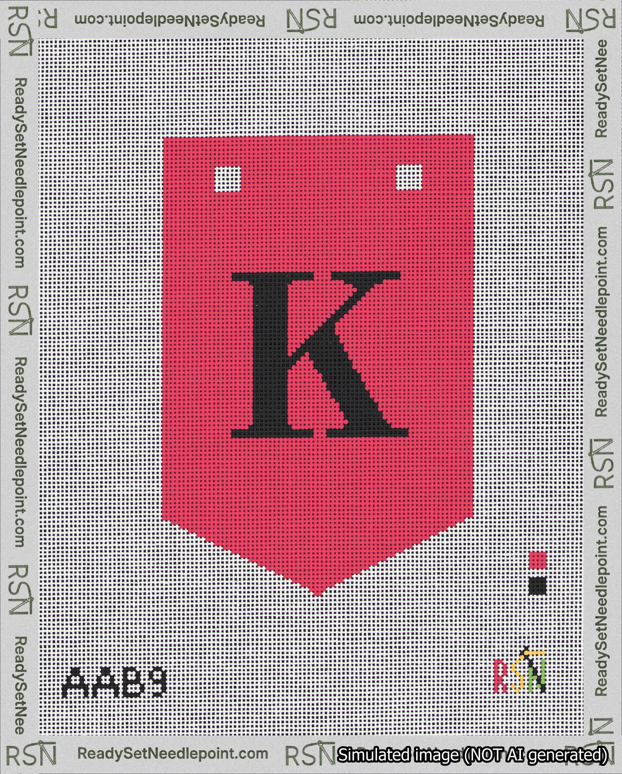 A taped needlepoint canvas with the design: Banner 18 mesh count Pointed K Black on Red.