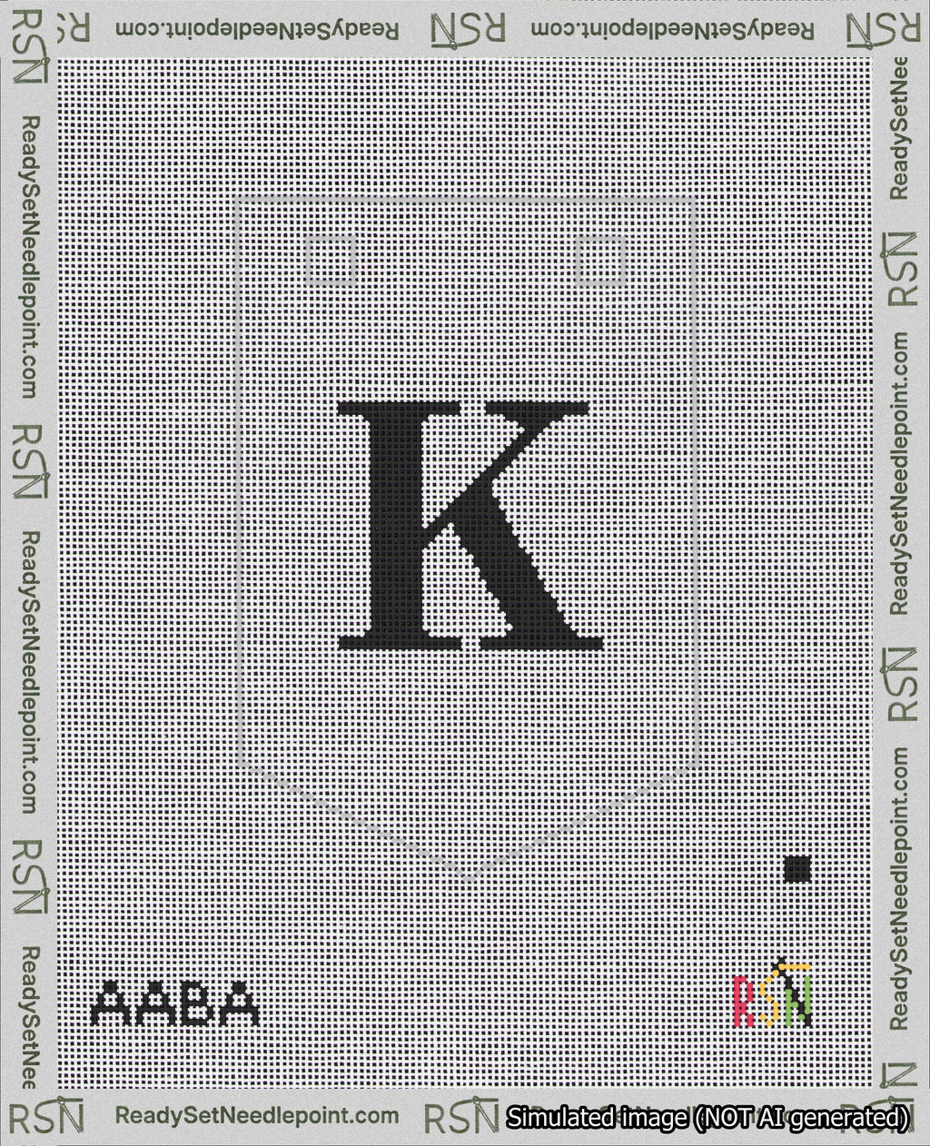 A taped needlepoint canvas with the design: Banner 18 mesh count Pointed K Black on White.