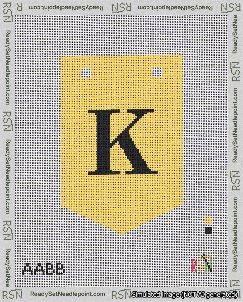 A taped needlepoint canvas with the design: Banner 18 mesh count Pointed K Black on Yellow.