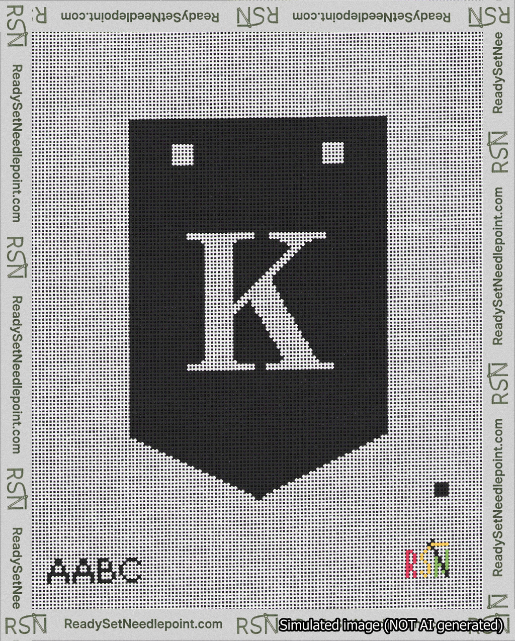 A taped needlepoint canvas with the design: Banner 18 mesh count Pointed K White on Black.