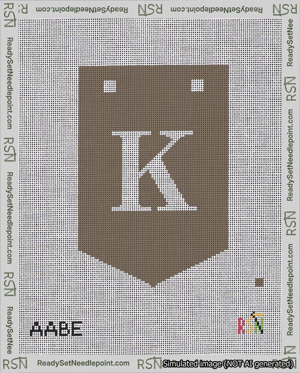 A taped needlepoint canvas with the design: Banner 18 mesh count Pointed K White on Brown.