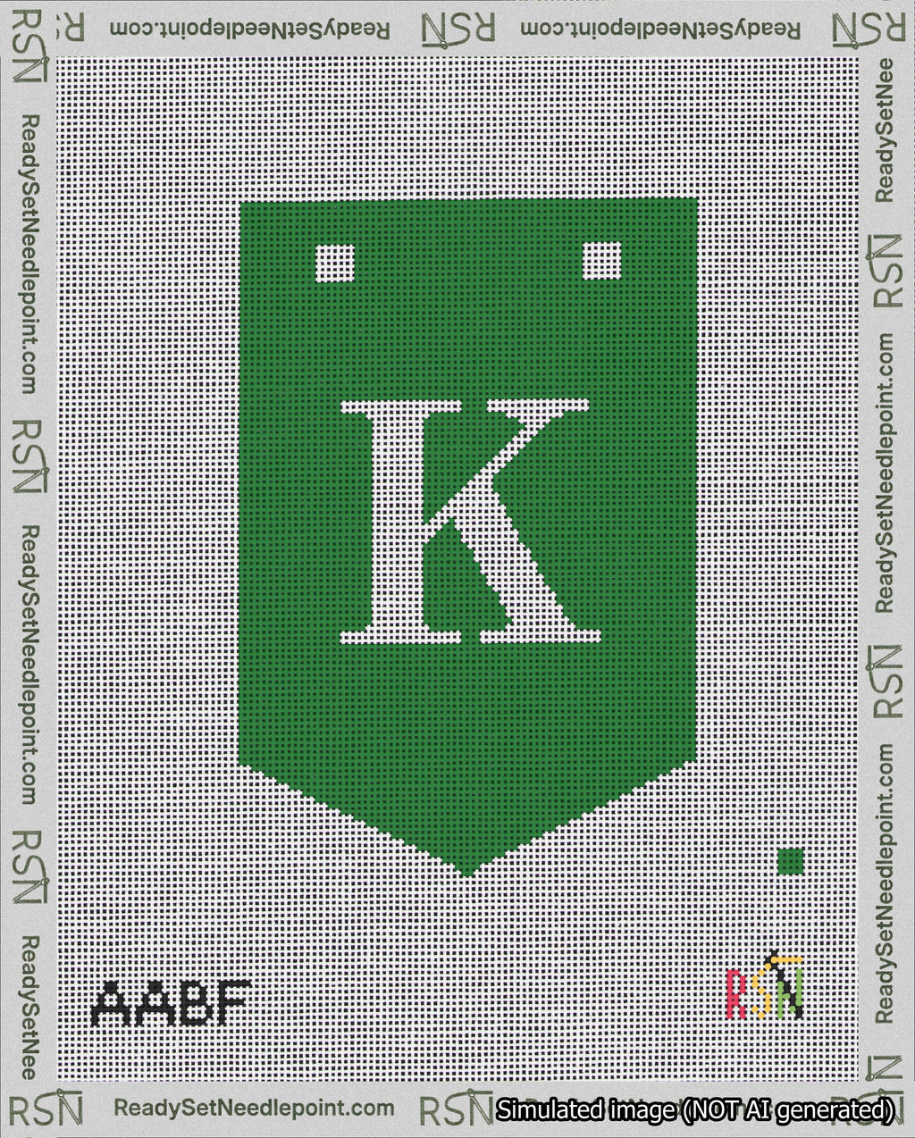 A taped needlepoint canvas with the design: Banner 18 mesh count Pointed K White on Green.