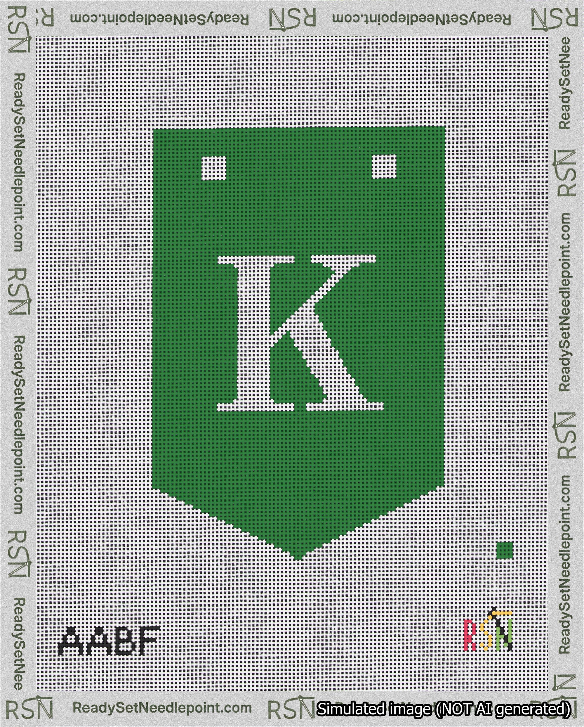 A taped needlepoint canvas with the design: Banner 18 mesh count Pointed K White on Green.