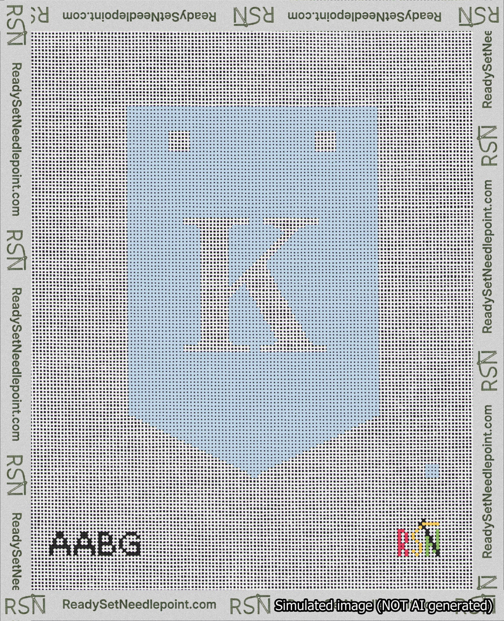 A taped needlepoint canvas with the design: Banner 18 mesh count Pointed K White on Light Blue.