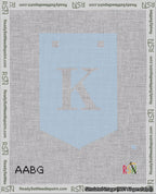 A taped needlepoint canvas with the design: Banner 18 mesh count Pointed K White on Light Blue.