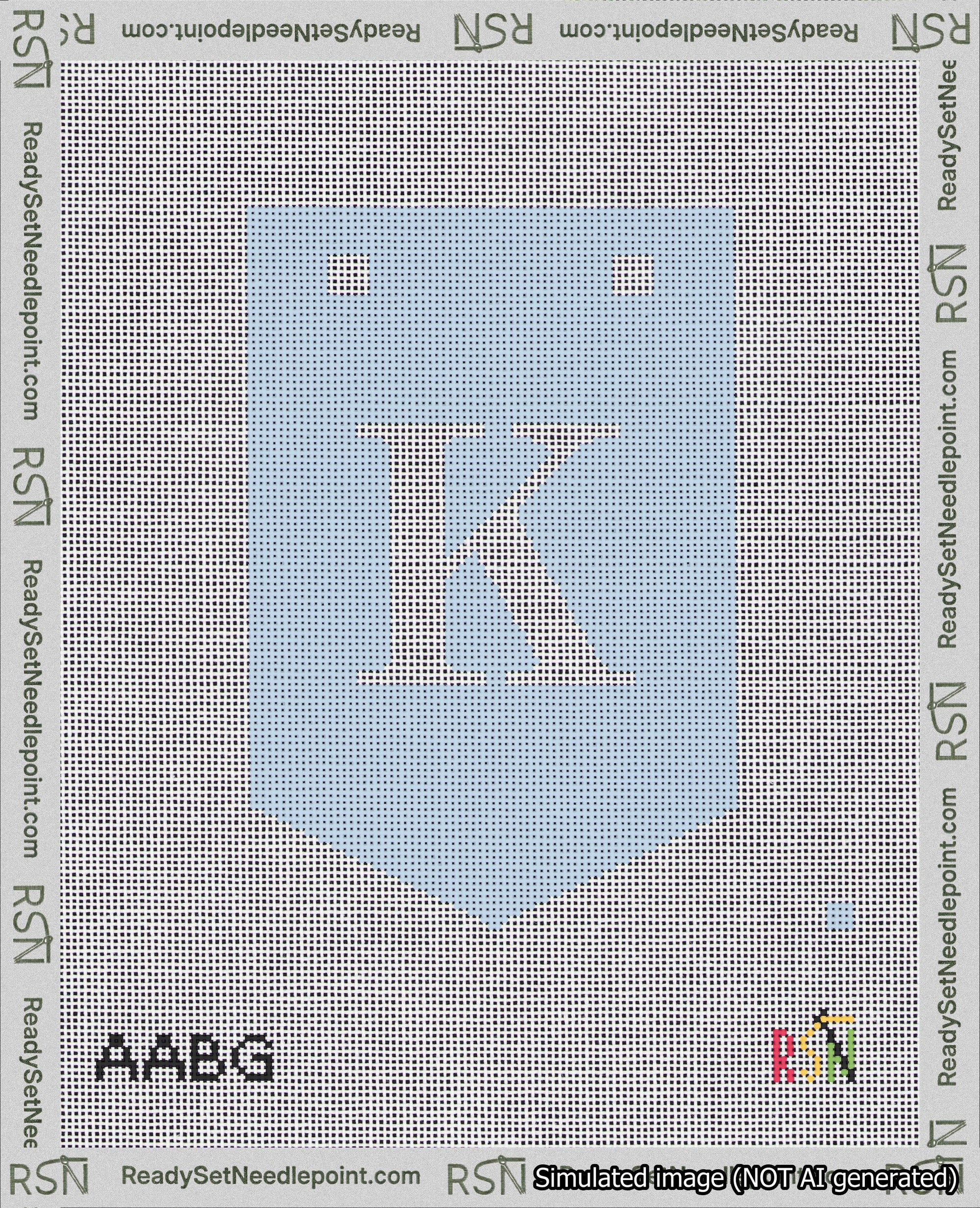 A taped needlepoint canvas with the design: Banner 18 mesh count Pointed K White on Light Blue.