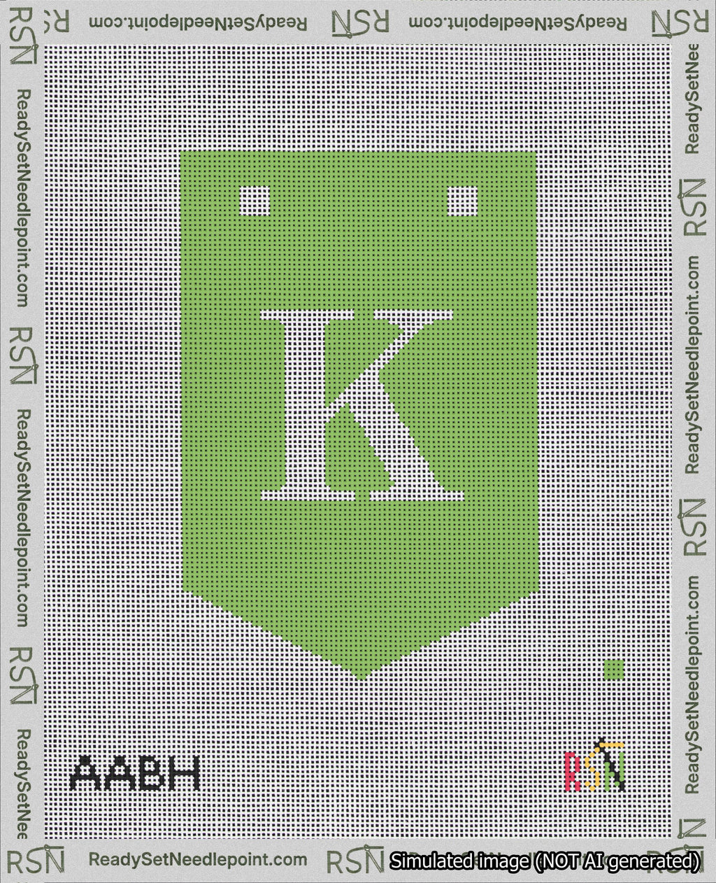 A taped needlepoint canvas with the design: Banner 18 mesh count Pointed K White on Light Green.