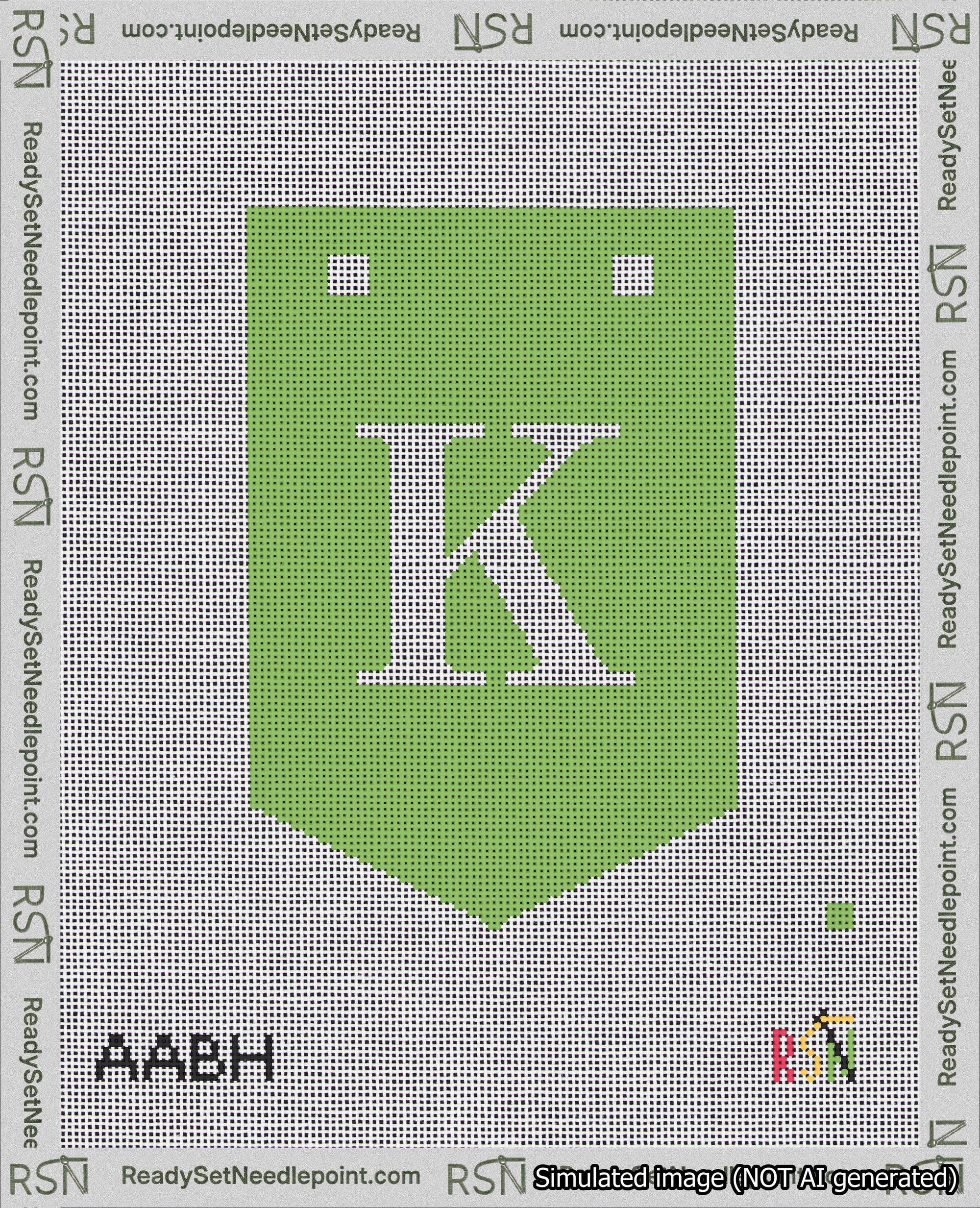 A taped needlepoint canvas with the design: Banner 18 mesh count Pointed K White on Light Green.