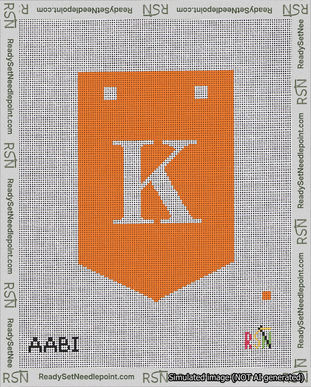 A taped needlepoint canvas with the design: Banner 18 mesh count Pointed K White on Orange.