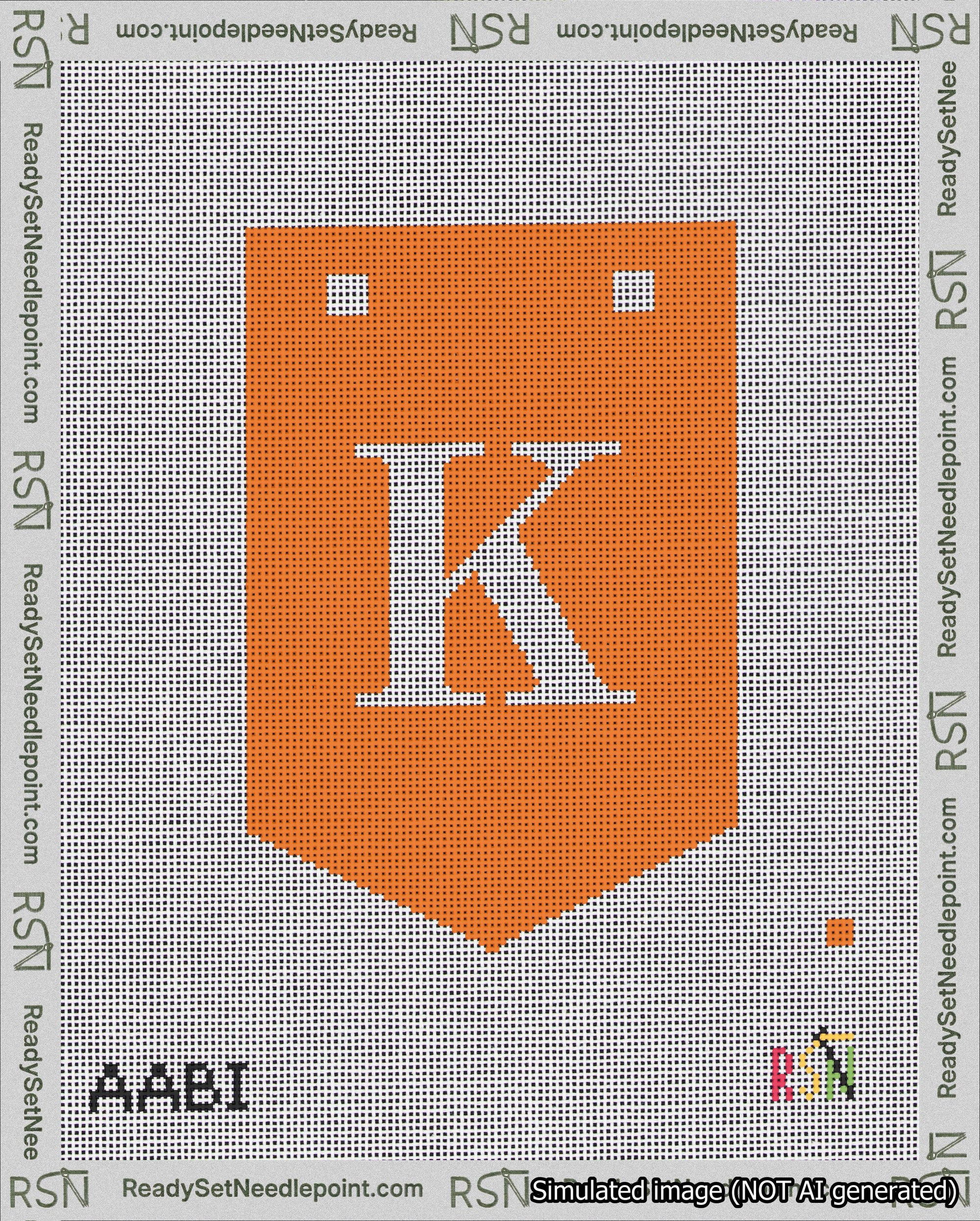 A taped needlepoint canvas with the design: Banner 18 mesh count Pointed K White on Orange.