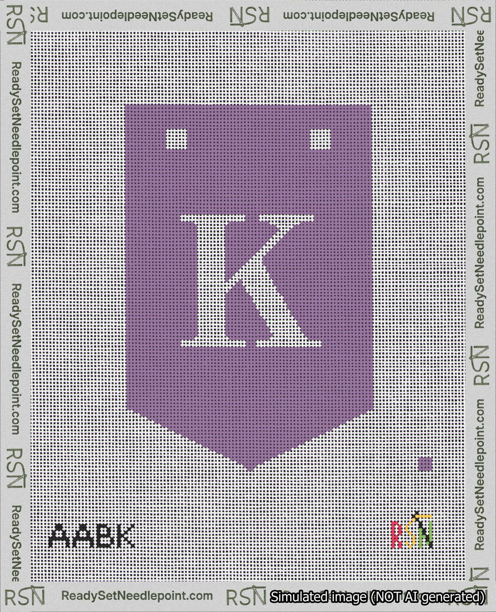A taped needlepoint canvas with the design: Banner 18 mesh count Pointed K White on Purple.