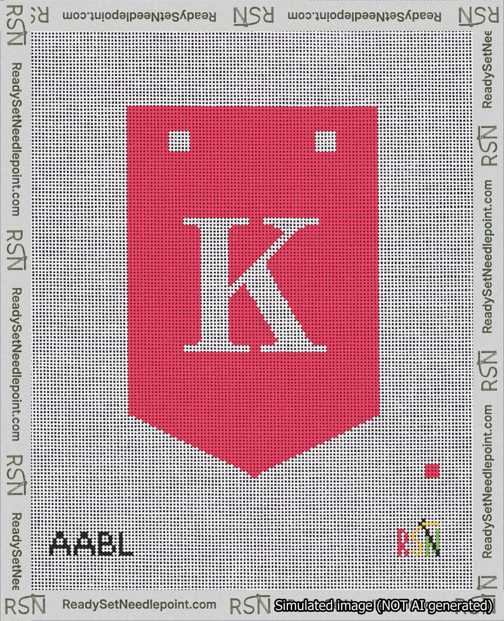 A taped needlepoint canvas with the design: Banner 18 mesh count Pointed K White on Red.
