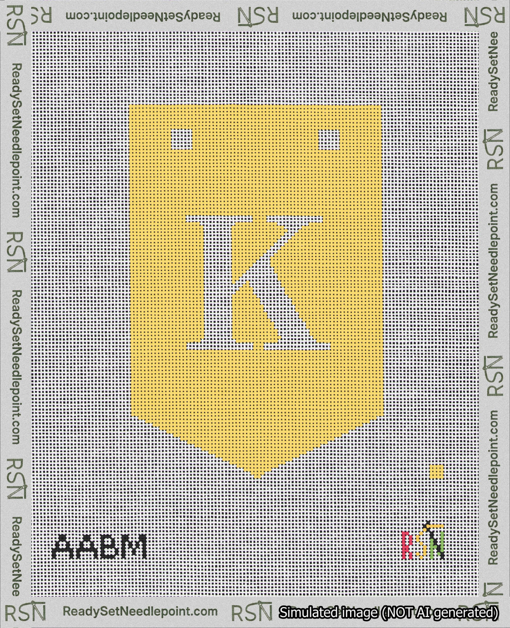 A taped needlepoint canvas with the design: Banner 18 mesh count Pointed K White on Yellow.