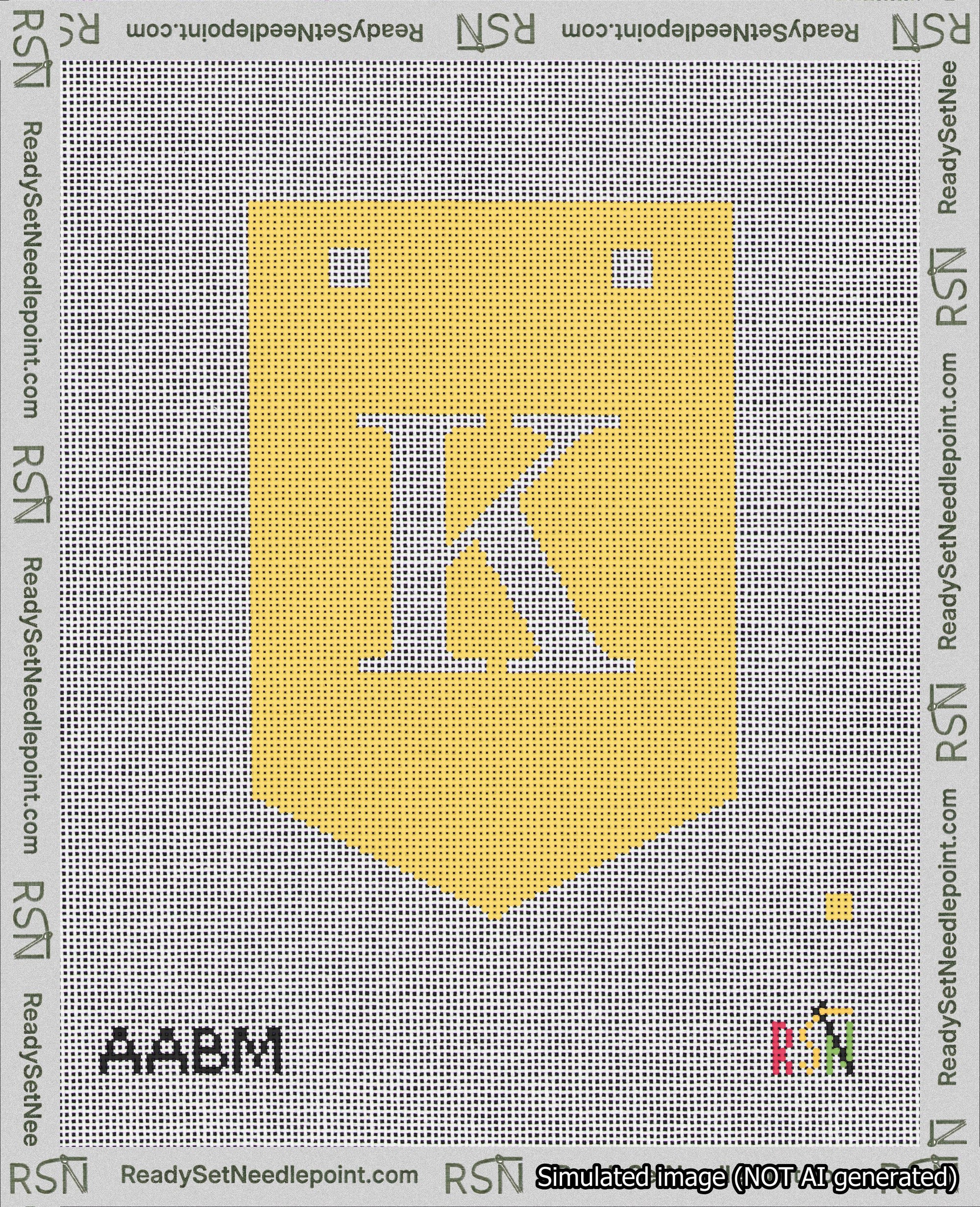 A taped needlepoint canvas with the design: Banner 18 mesh count Pointed K White on Yellow.