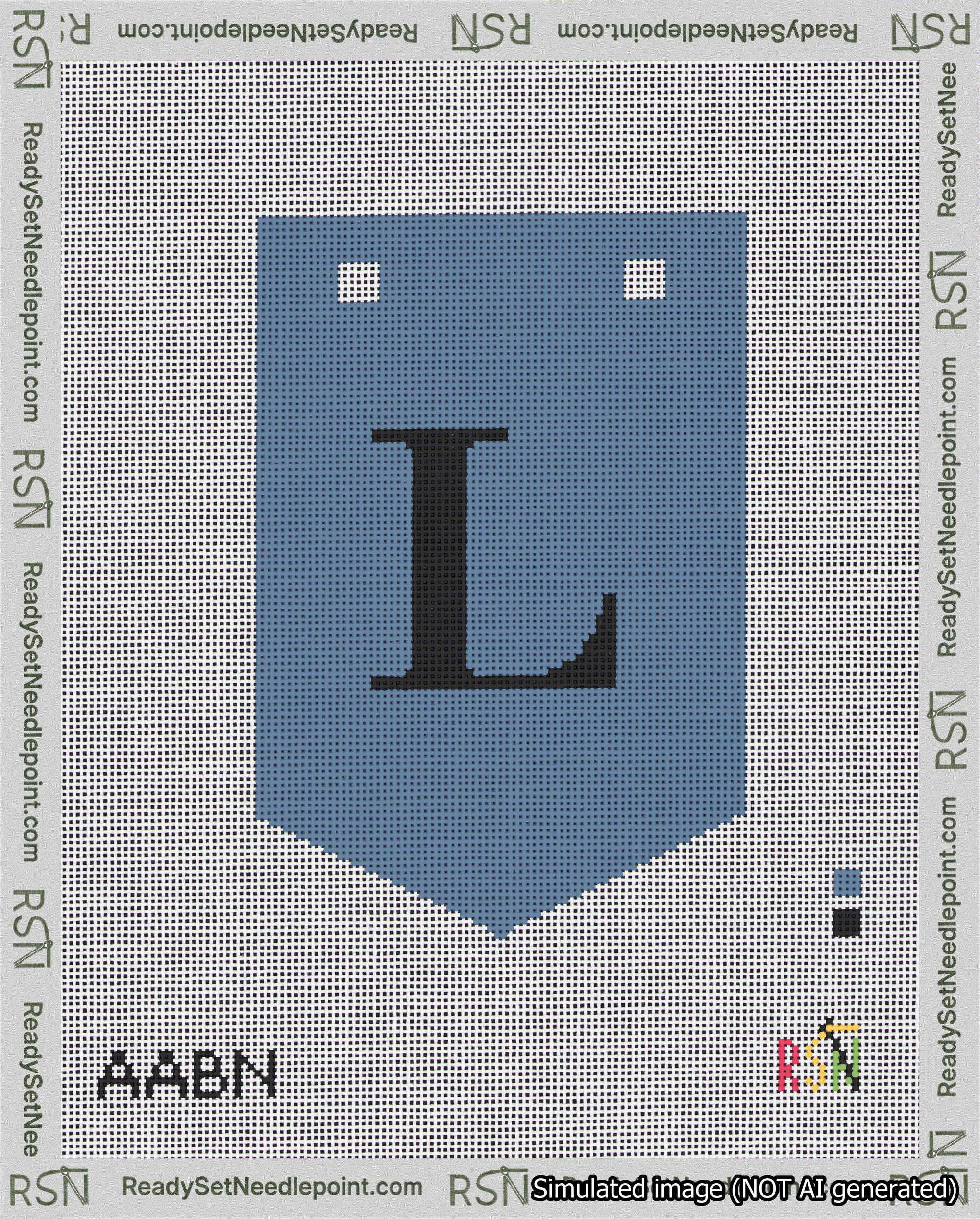 A taped needlepoint canvas with the design: Banner 18 mesh count Pointed L Black on Blue.