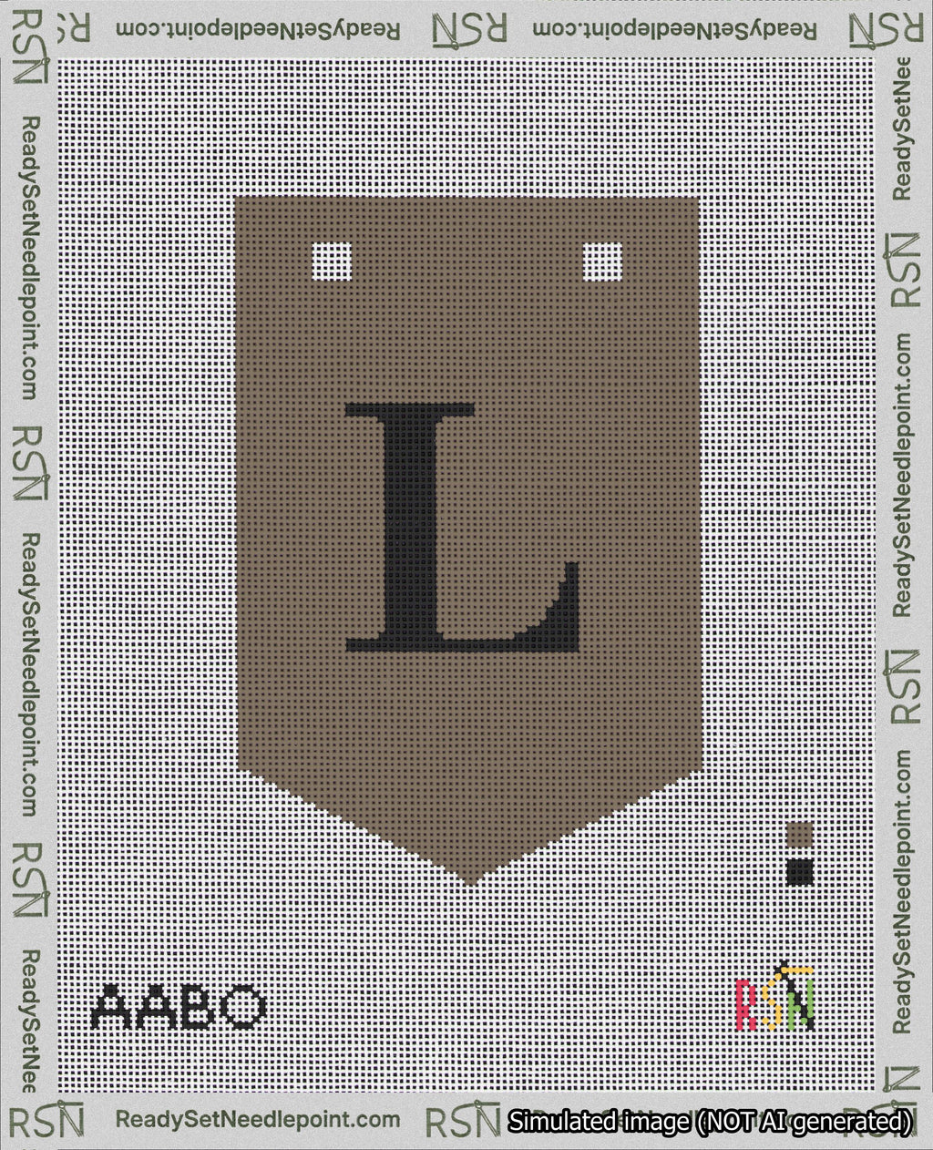 A taped needlepoint canvas with the design: Banner 18 mesh count Pointed L Black on Brown.