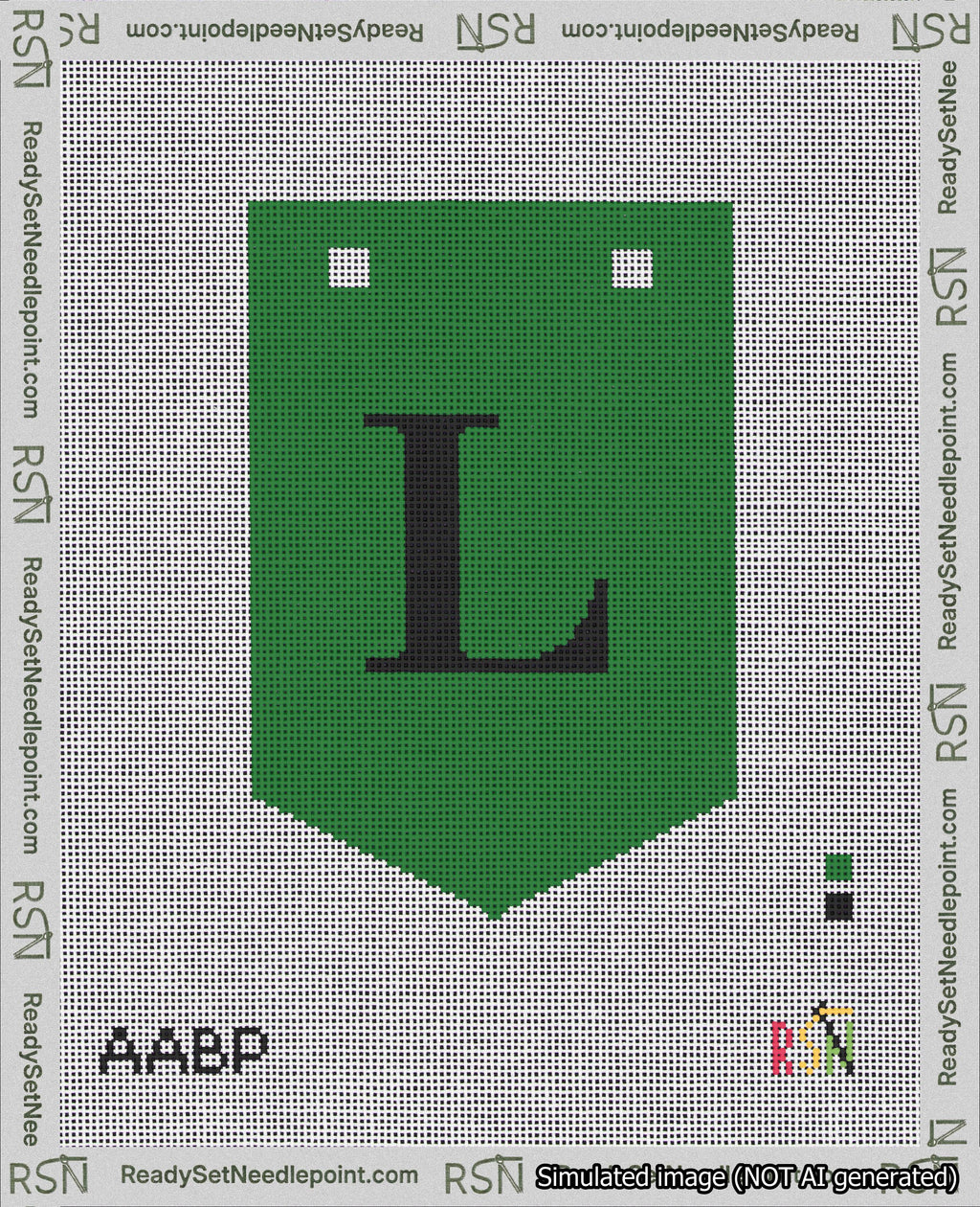 A taped needlepoint canvas with the design: Banner 18 mesh count Pointed L Black on Green.