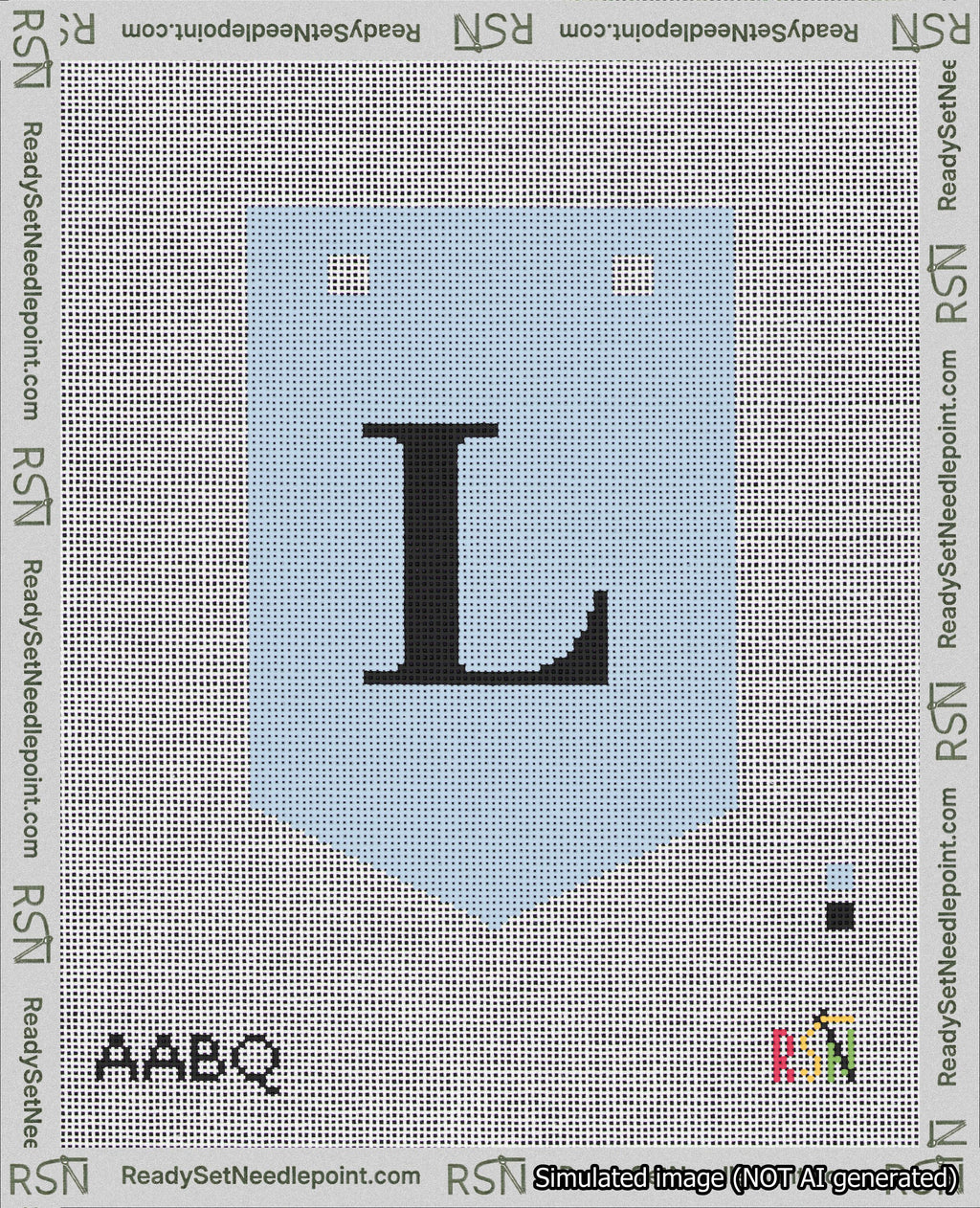 A taped needlepoint canvas with the design: Banner 18 mesh count Pointed L Black on Light Blue.