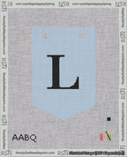A taped needlepoint canvas with the design: Banner 18 mesh count Pointed L Black on Light Blue.