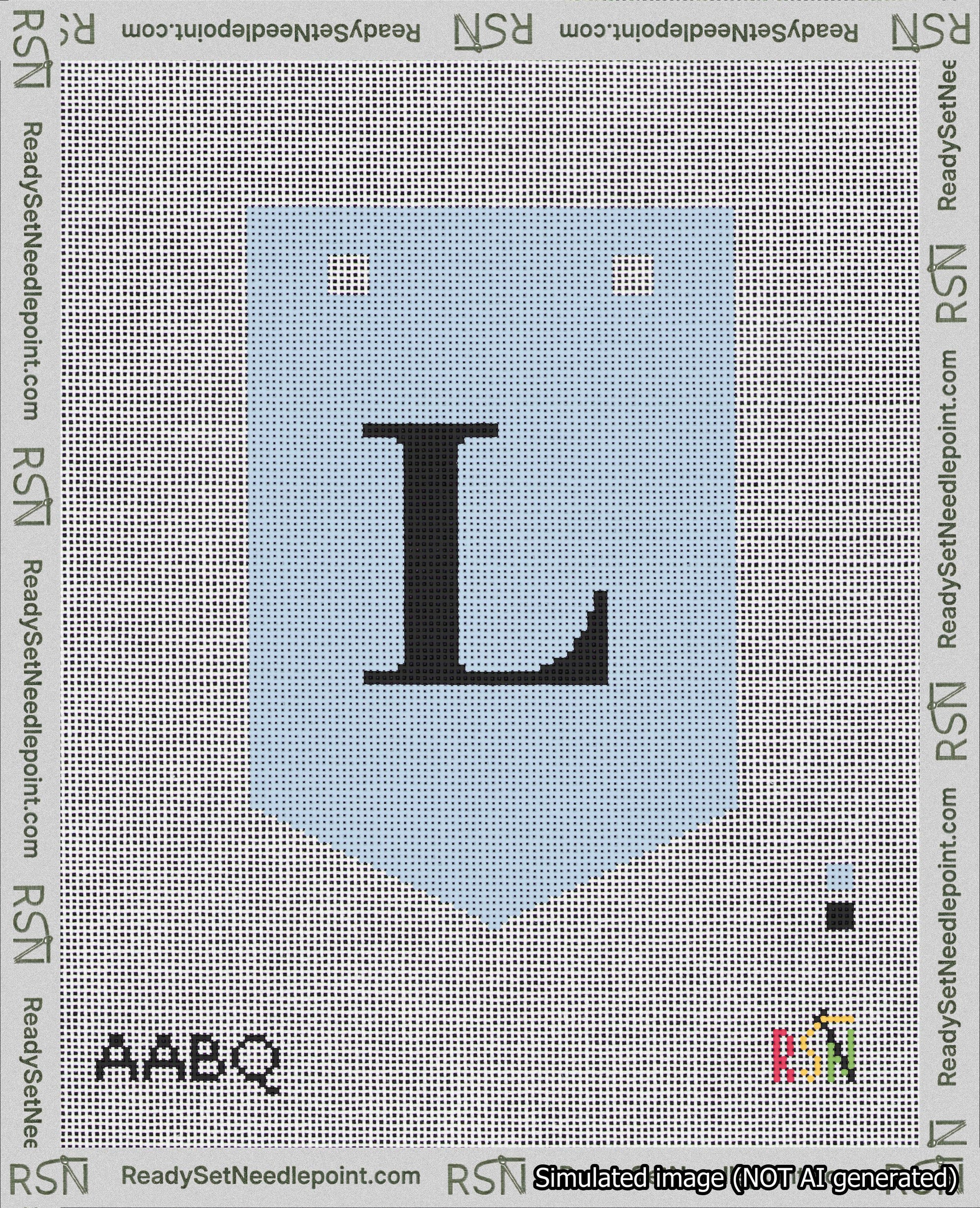 A taped needlepoint canvas with the design: Banner 18 mesh count Pointed L Black on Light Blue.