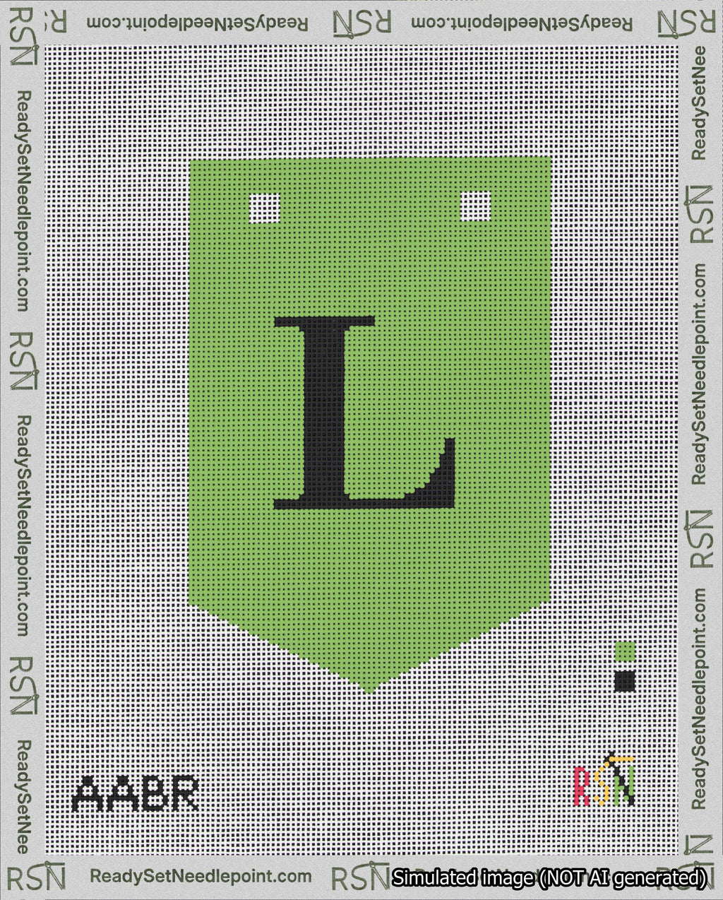 A taped needlepoint canvas with the design: Banner 18 mesh count Pointed L Black on Light Green.