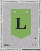 A taped needlepoint canvas with the design: Banner 18 mesh count Pointed L Black on Light Green.