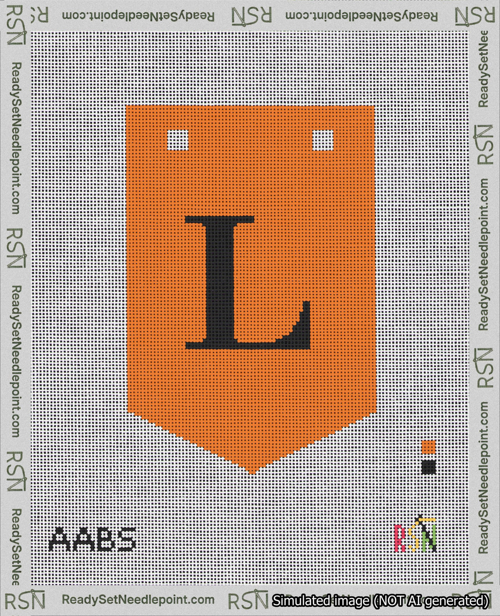 A taped needlepoint canvas with the design: Banner 18 mesh count Pointed L Black on Orange.