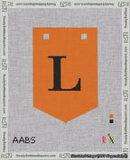A taped needlepoint canvas with the design: Banner 18 mesh count Pointed L Black on Orange.